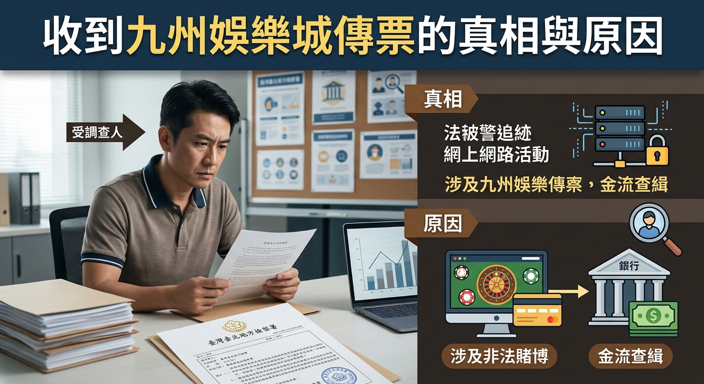 這張圖片呈現一位男子在辦公桌前憂心忡忡地看著法院傳票，呈現收到通知時的焦慮氛圍。 右側配有說明圖示與流程圖，清楚揭示涉及非法賭博與金流追查是導致收到九州娛樂城傳票的主因。