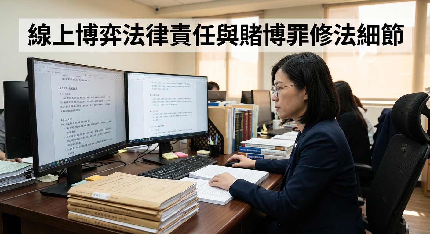 這張圖片展現了一位專業人士在辦公室專注審視電腦螢幕上的法律文件，桌上堆疊著厚重的法規案卷。 上方標題以清晰顯眼的繁體字寫著：「線上博弈法律責任與賭博罪修法細節」。